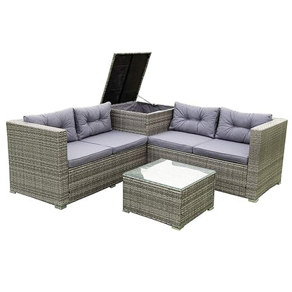 Patio Furniture Set, 4 Pieces PE Wicker Rattan Outdoor Conversation Sectional Sofa with Tempered Glass Table and Storage Box, for Backyard Lawn Garden Lown Porch, E-Grey