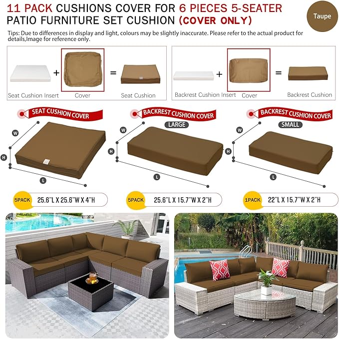ClawsCover 11Pack Outdoor Seat and Back Cushions Replacement Covers Fit for 5-Seater 6Pieces Wicker Rattan Patio Furniture Conversation Set Sectional Couch Chairs,Taupe-Included Cover Only