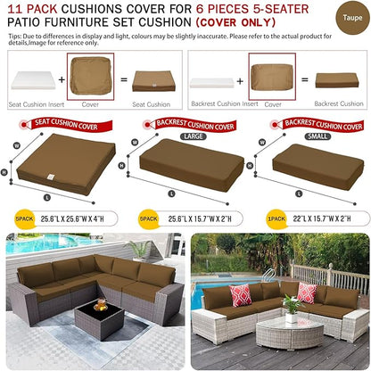 ClawsCover 11Pack Outdoor Seat and Back Cushions Replacement Covers Fit for 5-Seater 6Pieces Wicker Rattan Patio Furniture Conversation Set Sectional Couch Chairs,Taupe-Included Cover Only