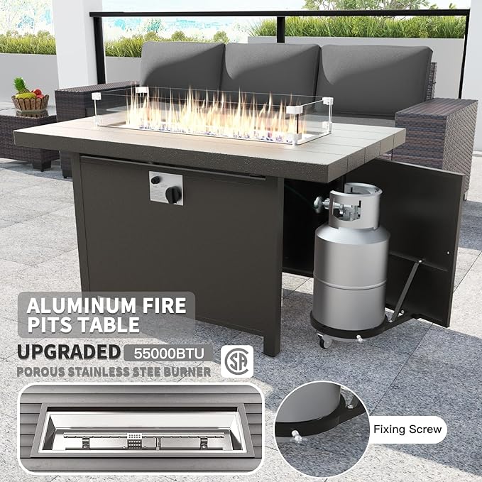 Kullavik 13PCS Outdoor Patio Furniture Set with 43" 55000BTU Gas Propane Fire Pit Table PE Wicker Rattan Sectional Sofa Patio Conversation Sets,Grey