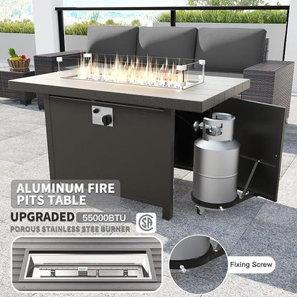 Kullavik 13PCS Outdoor Patio Furniture Set with 43" 55000BTU Gas Propane Fire Pit Table PE Wicker Rattan Sectional Sofa Patio Conversation Sets,Grey