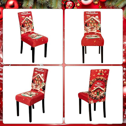 4PCS Christmas Dining Chair Covers Stretch Removable Washable Dining Room Chair Protector Slipcovers Santa Claus House Wreaths Kitchen Chair Cover Slipcover Protector for Xmas Holiday Party Home Décor