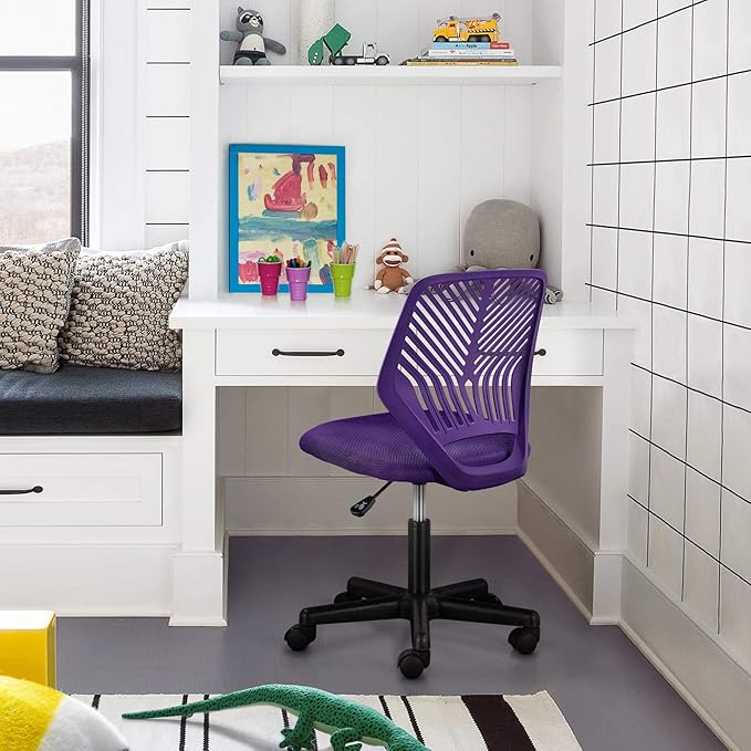 Yaheetech Students Cute Desk Chair Low-Back Armless Study Chair w/Lumbar Support Adjustable Swivel Chair in Home Bedroom School, Purple