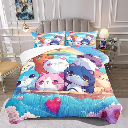 Cat Bedding Set Full Size - Girls Bedding Cute Cat Comforter Set for Girls Kids Teens Soft Breathable Animal Bedding Kid Comforter Set for All Season, 1 Comforter 2 Pillowcase