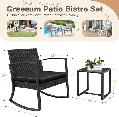 Greesum 3 Pieces Outdoor Furniture Set Patio Bistro Rocking Chairs with Glass Coffee Table for Pool Beach Backyard Balcony Porch Deck Garden, Black