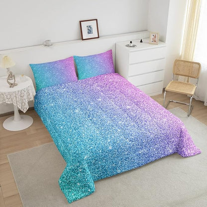 Colorful Glitter Bedding King Girly Turquoise Teal Blue Pink Pastel Girls Comforter Set 3 Pcs Trendy Quilt Duvet for Kid Women Down Comforter with Sparkle Sequin Pattern Bling Bedroom Decor Bed Cover