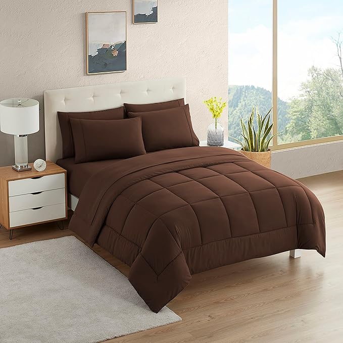 Dorm Room Essentials College Bedding Comforter Set 7 Piece Full Size Bed in a Bag for College Students Boys and Girls, Full, Chocolate Brown