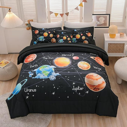 6 Pcs Solar System Comforter Set Full Outer Space Bedding Set Universe Planets Theme Comforter for Boys Kids Ultra-Soft (1 Comforter, 2 Pillowcases, 1 Flat Sheet, 1 Fitted Sheet,1 Pillowcover)