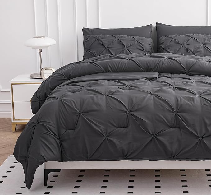 LANE LINEN Queen Size Comforter Set, 7 Piece Bedding Queen Size, Pintuck Comforters Queen Size Bed Set, Soft Queen Bed in a Bag Set, Queen Bed Comforter Set with Sheets, Pillowcases & Shams - Grey