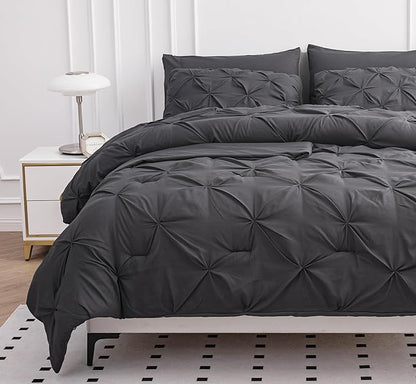 LANE LINEN Queen Size Comforter Set, 7 Piece Bedding Queen Size, Pintuck Comforters Queen Size Bed Set, Soft Queen Bed in a Bag Set, Queen Bed Comforter Set with Sheets, Pillowcases & Shams - Grey