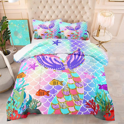 Mermaid Full Size Bedding Set for Girls, Rainbow Mermaid Tail Fish Scales Comforter Set Full Size Bed in a Bag, Cute Mermaid Tail Pattern Decor for Girls Bedroom, 1 Comforter 2 Pillowcase