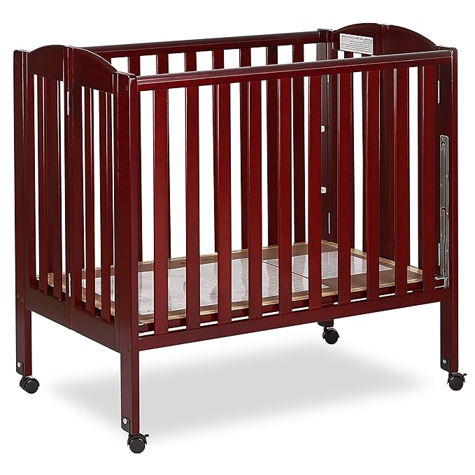 Dream On Me 3 in 1 Portable Folding Stationary Side Crib in Cherry, Greenguard Gold Certified, Safety Wheel with Locking Casters, Convertible, 3 Mattress Heights