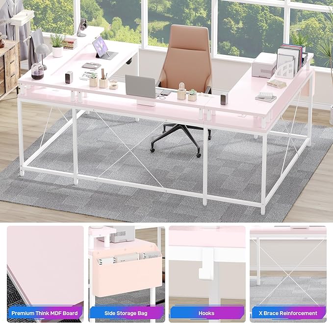 U Shaped Computer Gaming Desk, Reversible L Shaped Desk with Power Outlets, LED Strip & Monitor Stand, Large Corner Desk with Storage Shelves for Home Office,Deep Pink