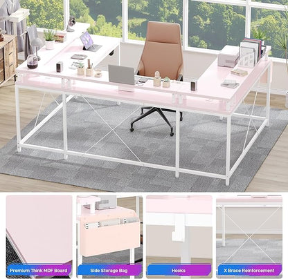 U Shaped Computer Gaming Desk, Reversible L Shaped Desk with Power Outlets, LED Strip & Monitor Stand, Large Corner Desk with Storage Shelves for Home Office,Deep Pink