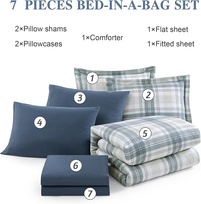 Blue Full Size Comforter Sets, Plaid Comforter Full Size for Boys & Girls,Classic Homestead-style Bedding Sets Full with Full Size Bed Sheets and Comforter Set