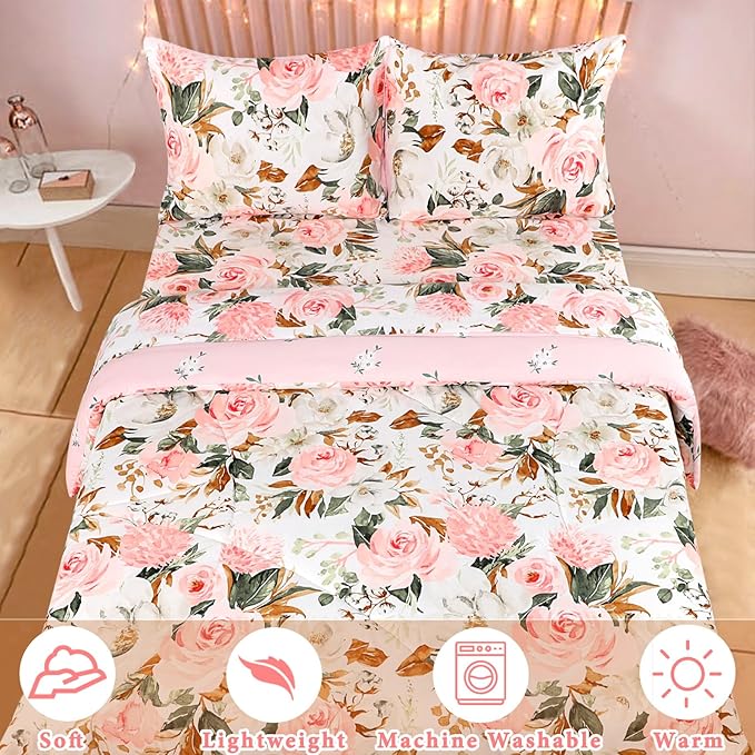 DILIMI Twin Comforter Set for Girls, Reversible Pink Floral Comforter Twin Size Bed, 5 Pieces Ultra Soft Twin Bedding Sets with Comforter, Flat Sheet, Fitted Sheet, 2 Pillowcase