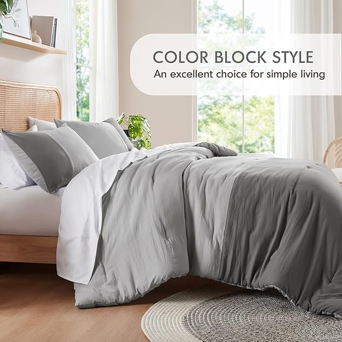 Grey Twin Comforter Set - Modern Soft Farmhouse Bedding for Teen Boys, Kids Colorblock Pattern Bed Sets for All Season, 2 Pieces includes 1 Comforter, 1 Sham (66"x 90")