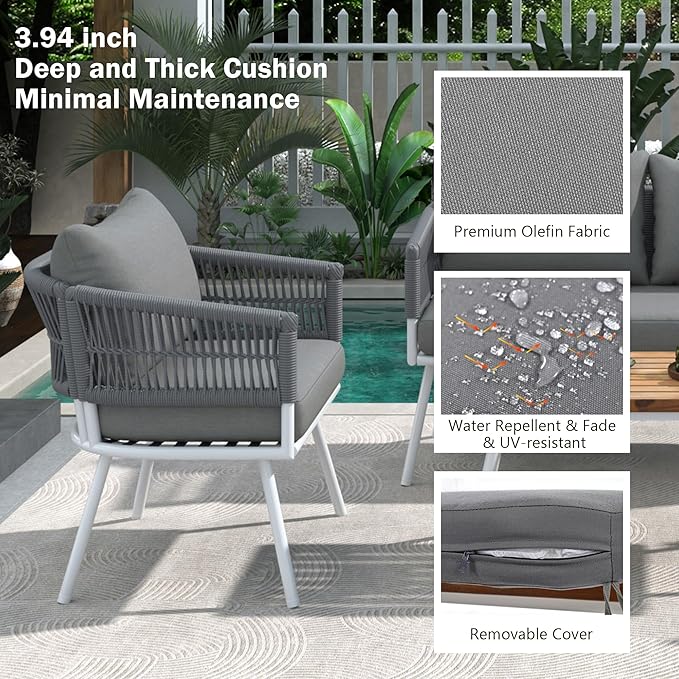 4-Piece Outdoor Patio Furniture Boho Rope Weave Set, Conversation Loveseat Sofa&Chairs with Acacia Wood Table and Thick Cushions, for Garden Backyard Balcony, Onesize, Beige