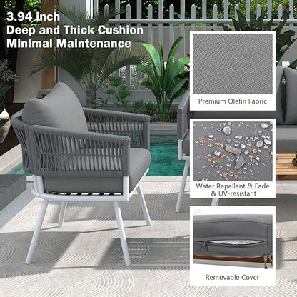 4-Piece Outdoor Patio Furniture Boho Rope Weave Set, Conversation Loveseat Sofa&Chairs with Acacia Wood Table and Thick Cushions, for Garden Backyard Balcony, Onesize, Beige