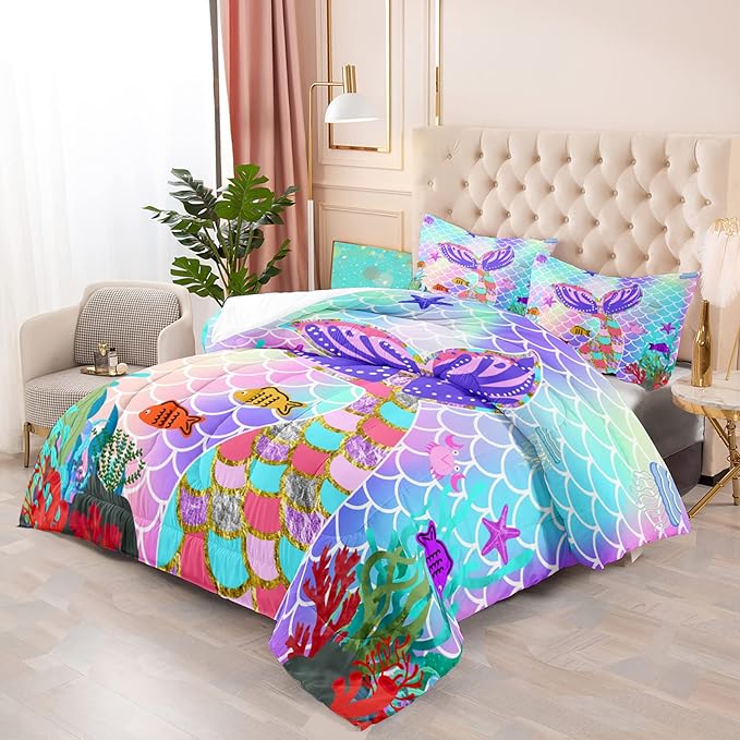 Mermaid Full Size Bedding Set for Girls, Rainbow Mermaid Tail Fish Scales Comforter Set Full Size Bed in a Bag, Cute Mermaid Tail Pattern Decor for Girls Bedroom, 1 Comforter 2 Pillowcase