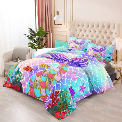 Mermaid Full Size Bedding Set for Girls, Rainbow Mermaid Tail Fish Scales Comforter Set Full Size Bed in a Bag, Cute Mermaid Tail Pattern Decor for Girls Bedroom, 1 Comforter 2 Pillowcase