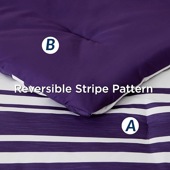 Bedsure Bed in a Bag Queen Size 7-Piece Purple White Striped Bedding Comforter Sets All Season Bed Set, 2 Pillow Shams, Flat Sheet, Fitted Sheet and 2 Pillowcases