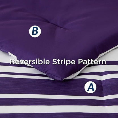 Bedsure Bed in a Bag California King Size 7-Piece Purple White Striped Bedding Comforter Sets All Season Bed Set, 2 Pillow Shams, Flat Sheet, Fitted Sheet and 2 Pillowcases