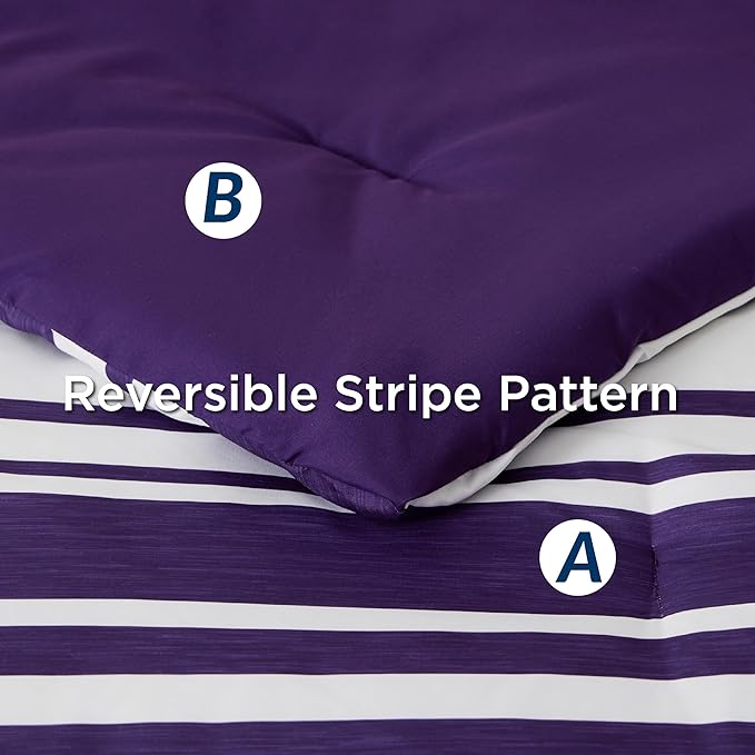 Bedsure Bed in a Bag Queen Size 7-Piece Purple White Striped Bedding Comforter Sets All Season Bed Set, 2 Pillow Shams, Flat Sheet, Fitted Sheet and 2 Pillowcases