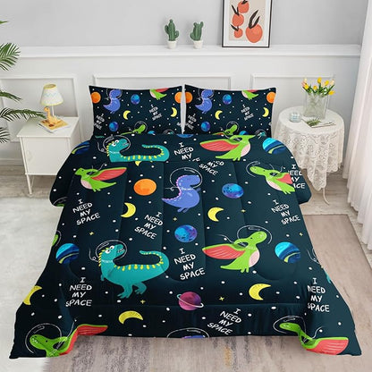 Datura home Dinosaur Space Dinos Comforter Bedding Set for Boys Kids Children,Celestial Bodies Colorful Dinosaur Print Bedding Set with 1 Comforter and 2 Pillowcases(Dinosaur Queen)