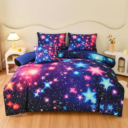 DORCAS Star Twin Size Comforter Sets with Sheets for Girls Kids,6 Piece Starry Sky Girls Bedding Sets Twin,All Season Down Bed in a Bag(Colorful,Twin)