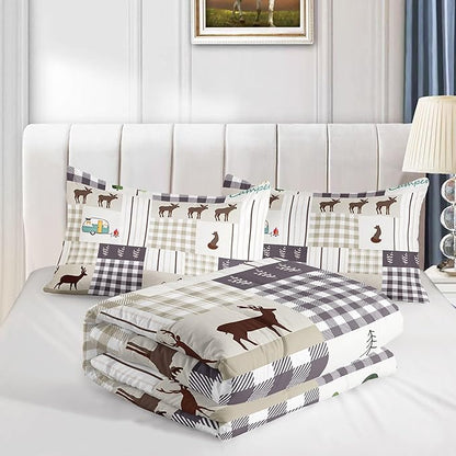 Datura home Happy Camper Comforter Set Rustic Lodge and Camper Deer Printed Quilt Bedding Set with 1 Comforter and 2 Pillowcases for Boys and Girls Bedroom All Season(Camper Full)