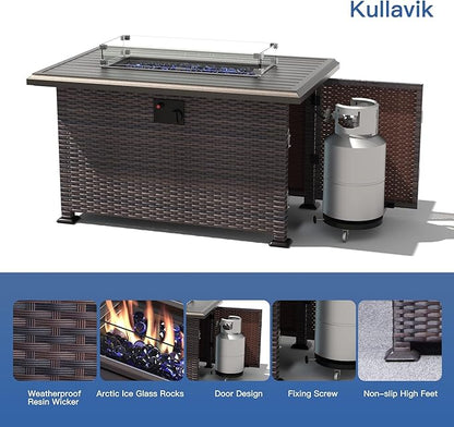 Kullavik 13 Pieces Outdoor Patio Furniture Set with 43" 55000BTU Gas Propane Fire Pit Table PE Wicker Rattan Sectional Sofa Patio Conversation Sets,Black
