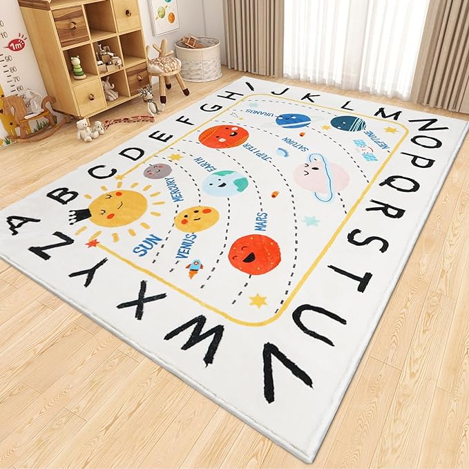 Soft ABC Kids Rug,110.2x78.7 in Washable Large Classroom Rug,Non-Slip Educational Kids Room Rug,Cute Solar System Playroom Area Rug for Classroom Playroom Bedroom Kids Room Decor