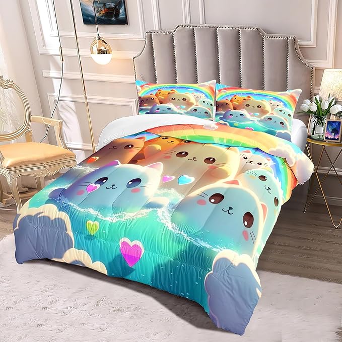 Queen Cat Comforter Set, Girls Kawaii Cat Bedding Sets, 1 Comforter+2 Pillowcases, Microfiber, Printed, Modern Style, 3 Pieces
