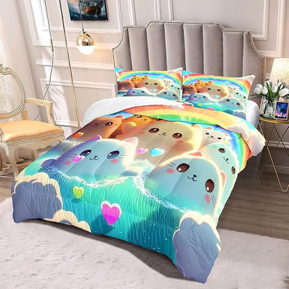 Queen Cat Comforter Set, Girls Kawaii Cat Bedding Sets, 1 Comforter+2 Pillowcases, Microfiber, Printed, Modern Style, 3 Pieces