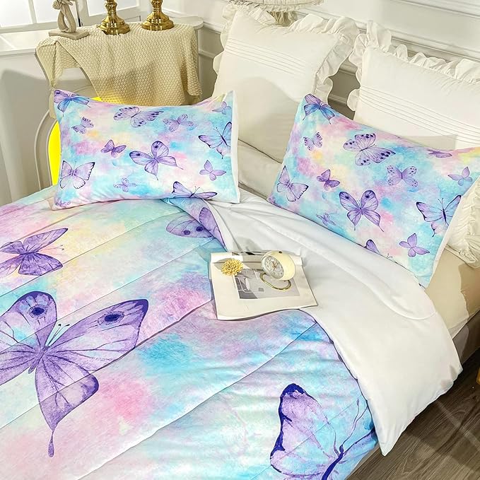 CVHOUSE Butterfly Full Comforter Set for Girls Teens.Butterfly Full Bedding Set,Butterflies Bedspread,Butterfly Duvet,Butterfly Bed Set,Butterflies Quilt Set 3 Pcs 1 Comforter and 2 Pillowcases