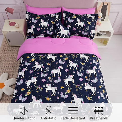 Mooreeke Kids Comforter Bed Set Twin Size for Girls, 6 Pieces Bed in a Bag with Shams, Sheet Set, Purple Pink Unicorn Twin Soft Microfiber Kids Comforter Bedding Set