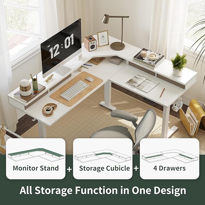 FEZIBO 63" L Shaped Standing Desk with 4 Drawers, Electric Standing Gaming Desk Adjustable Height, Corner Stand up Desk with Splice Board, White Frame/White Top