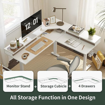 FEZIBO 63" L Shaped Standing Desk with 4 Drawers, Electric Standing Gaming Desk Adjustable Height, Corner Stand up Desk with Splice Board, White Frame/White Top