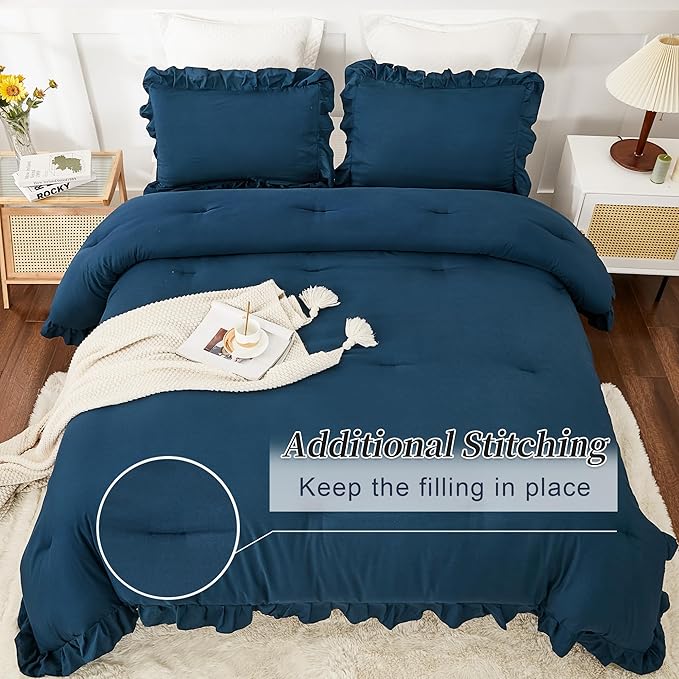 Andency Navy Blue Comforter Twin Size, 2 Pieces Kids Bed Comforter Set, Solid Ruffle Shabby Chic Farmhouse Comforter, Lightweight Soft Down Alternative Microfiber Bedding Set