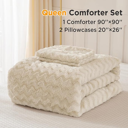 Andency Beige Fleece Comforter Set Queen Size, 3 Pieces Shaggy Faux Fur Bedding Comforter Set for Queen Bed, Fuzzy Plush Warm Sherpa Bed Comforter Set for Women Man