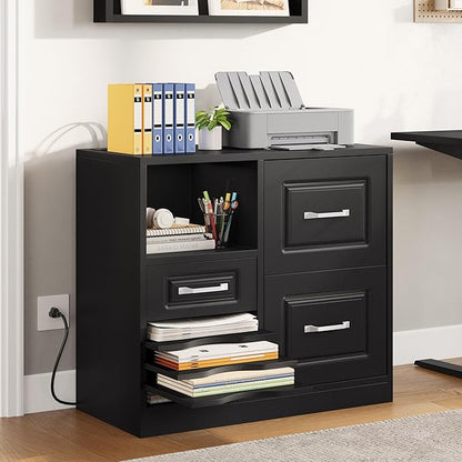 YITAHOME 3 Drawer File Cabinet, Filing Cabinet with Charging Station, Printer Stand with Open Storage Shelves, Fits for A4, Letter, Legal Size Files, Black