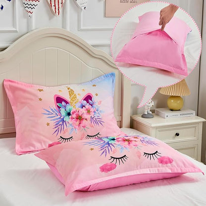 Pink Unicorn Queen Bedding Set for Girls 3 Piece Kids Comforter Set Cartoon Unicorn Flowers Quilt Set Bed in A Bag Lightweight Duvet Bed Set for Kids Teen Girls Women Bedroom Decor with 2 Pillowcases