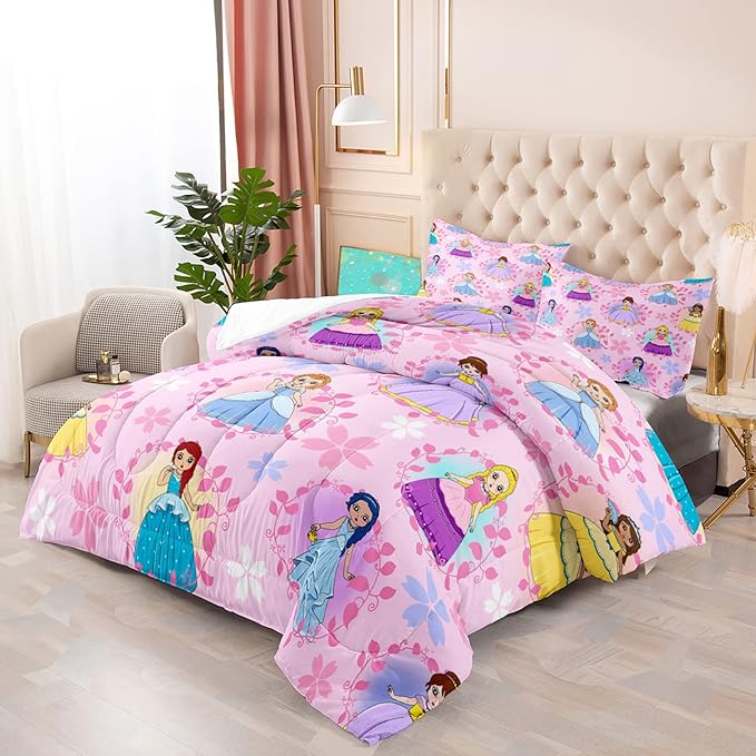 Princess Bedding Full Size Comforter Sets for Girls Bedroom Decor Pink Princess Full Quilt Set with 2 Pillowcases Cute Princess Comforter Set Girls Gifts