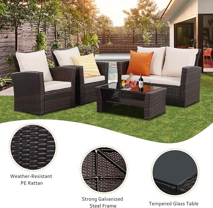 Solaste 4 Piece Patio Outdoor Furniture Sets,Patio Conversation Sofa Wicker Chair with Cushion,Hand Woven Rattan Sofa for Porch Backyard Outside Garden Lawn Yard,Brown