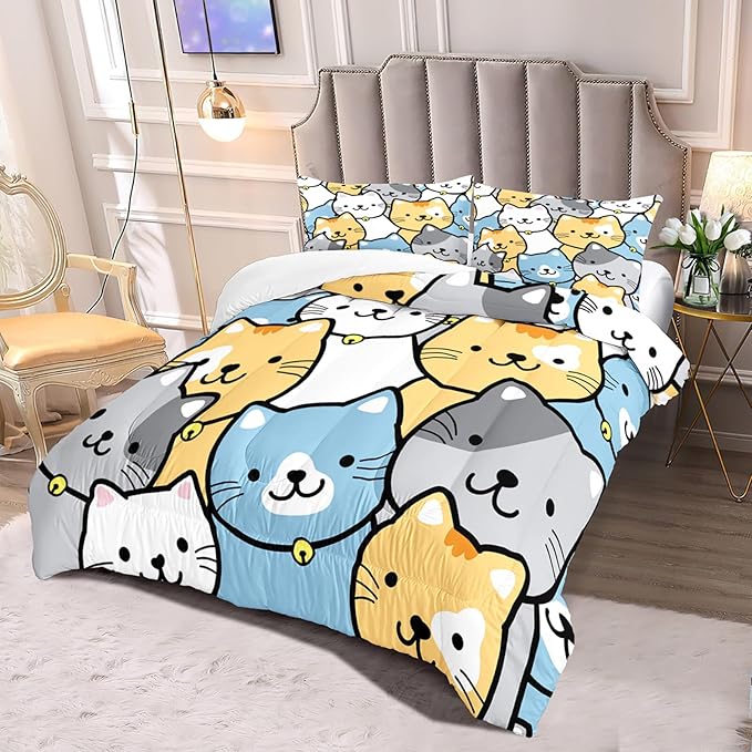 Kids Cat Comforter Set - Cat Comforter - Queen Size Comforter Set for Kids Kawaii Cat Bedding Set Cartoon Cats Print Bedding Sets for Girls Kids Cute Cat Quilt Sets with 2 Pillowcases