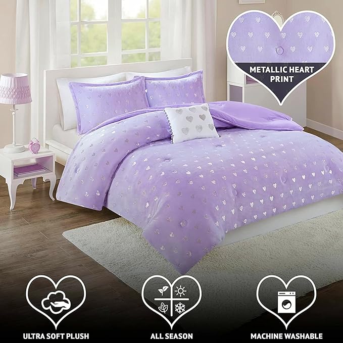 Mi Zone Rosalie Comforter Set for Girls, Ultra-Soft Microlight Plush Metallic Printed Hearts Brushed Reverse Overfilled Down Alternative Hypoallergenic All Season, Twin/Twin XL, Purple/Silver, 3 Piece