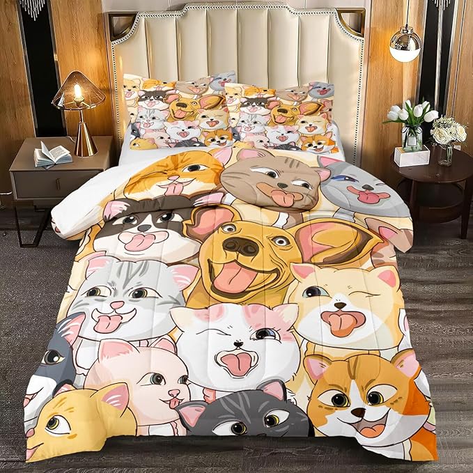 Dogs Comforter Set - Cute Cartoon Puppy Pattern Comforter Set Full Size 3pcs Kitten Dogs Bedding Set Pet Animal Design Kids Room Decor with 1 Comforter and 2 Pillowcases Boys Girls Gift All Season