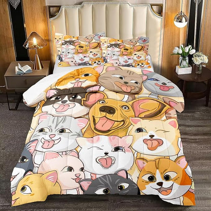 Dogs Comforter Set - Cute Cartoon Puppy Pattern Comforter Set Full Size 3pcs Kitten Dogs Bedding Set Pet Animal Design Kids Room Decor with 1 Comforter and 2 Pillowcases Boys Girls Gift All Season