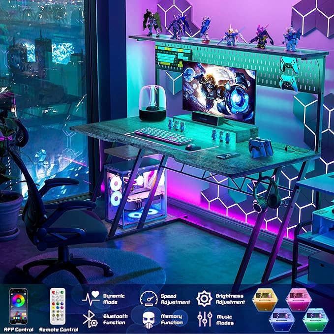 armocity 55'' Gaming Desk with Hutch and LED Lights, Gaming Computer Desk with Storage Shelves & Z-Shaped Legs, Reversible PC Gaming Desk with Pegboard, Ergonomic Desk for Bedroom, Grey Oak